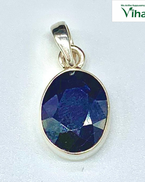 Blue Sapphire Oval Cut Silver Pendant with metal bail