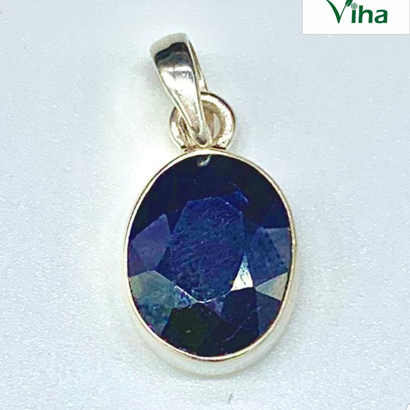 Blue Sapphire Oval Cut Silver Pendant with metal bail