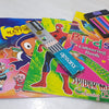 Colouring Book Set - No - 16, four colourful books, a pencil box with twelve coloured pencils, and a pack of six grey pencils on a white surface