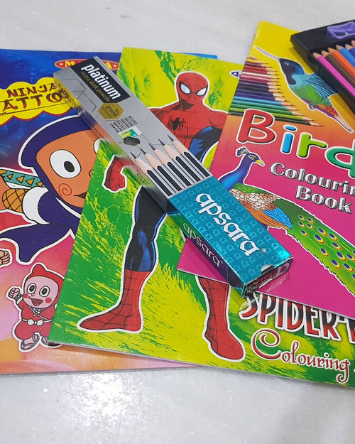 Colouring Book Set, three illustrated books and pencil box