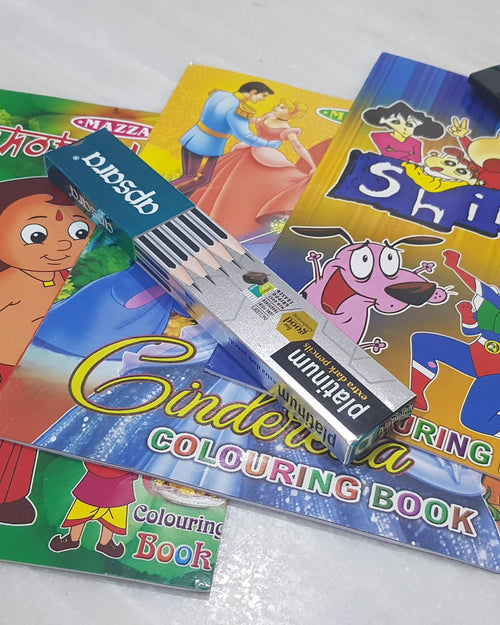 Colouring Book Set, four illustrated books and pencil case
