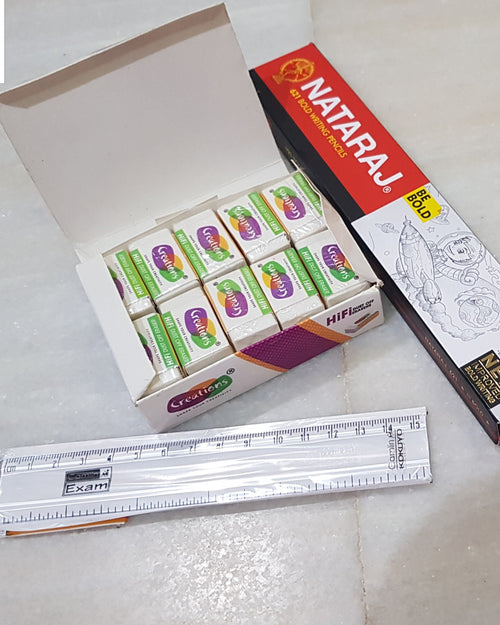 Pencil Set with an open box and rectangular erasers