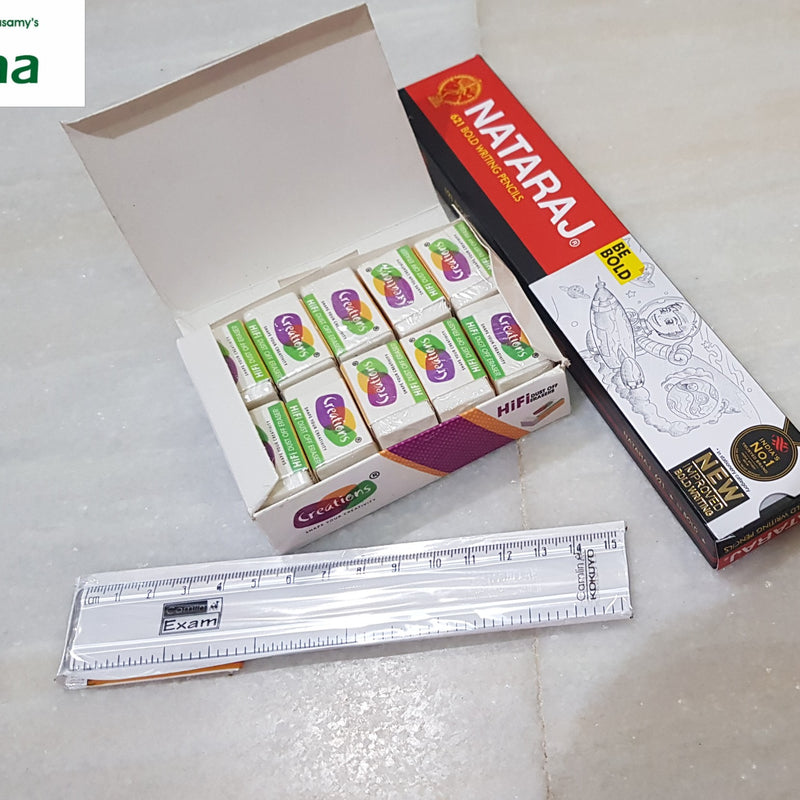 Pencil Set with an open box and rectangular erasers