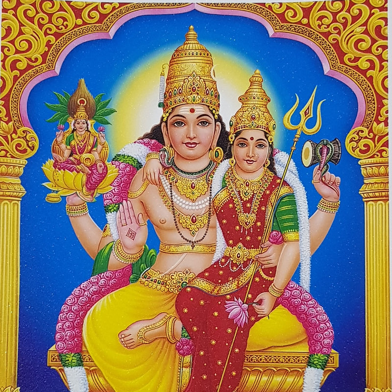 Shri Swarna Bhairavar Photo - Big, Bhairava seated with his consort under a gold arch, his dog beside them