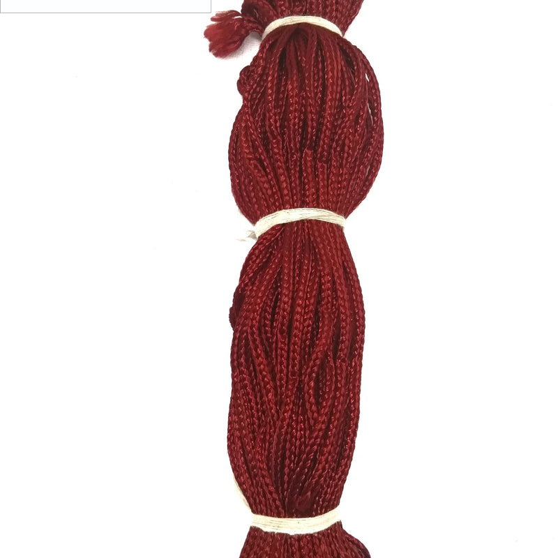 Araignan Kayiru/Red Waist Cord, a bundle of shiny dark red braided cords tied with three white thread bands