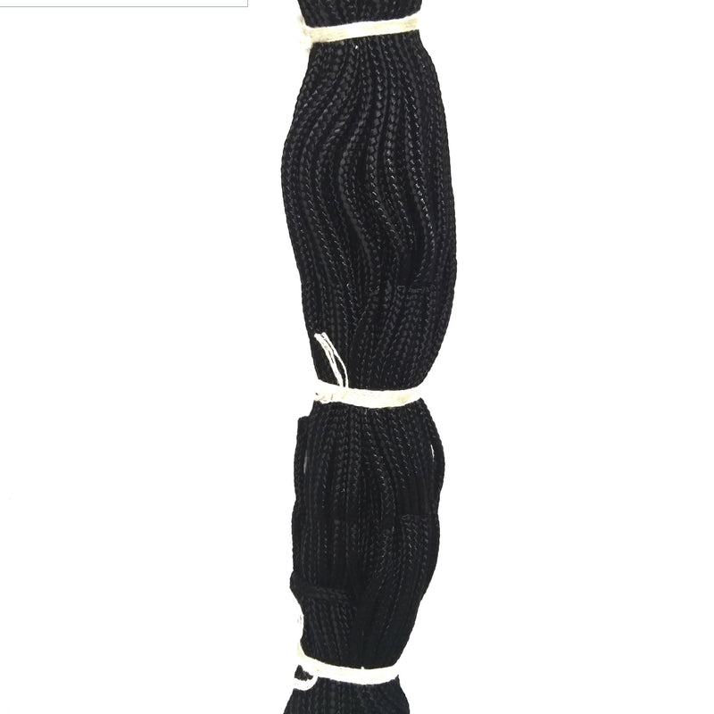 Araignan Kayiru/Black Waist Cord, a bundle of black braided strings tied with three white cords against a white background