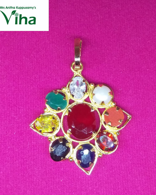 Divya Navaratna Pendant - Diamond Shape, stone cluster and central red oval stone
