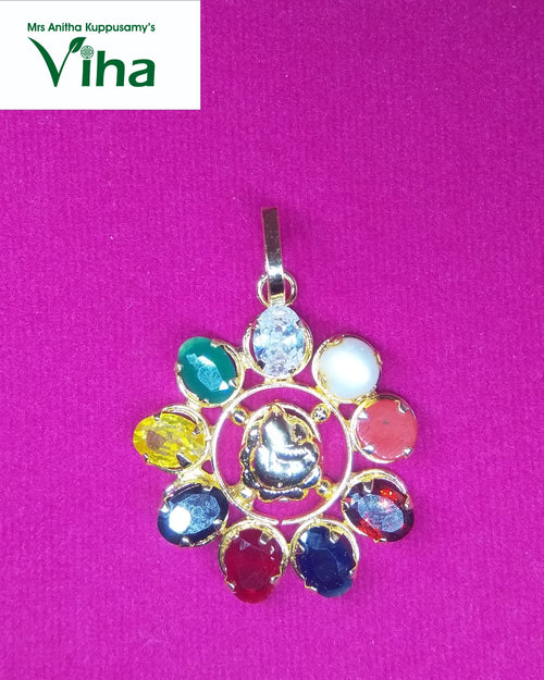 Divya Navaratna Ganesha Pendant with a central figural motif and multi-coloured stones