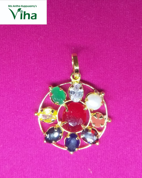 Divya Navaratna Small Pendant, central red stone with outer stone ring