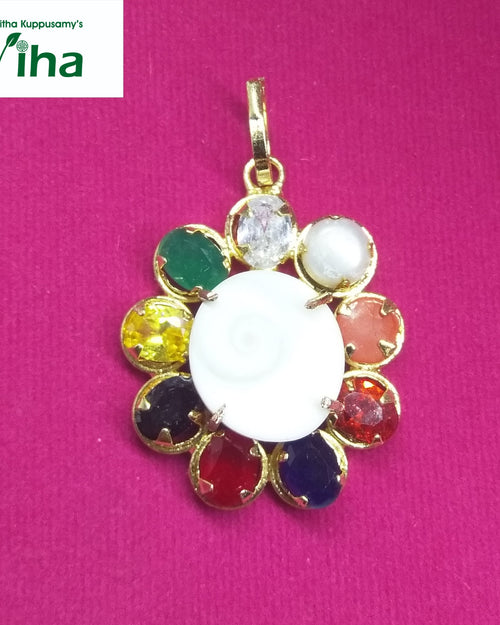 Divya Navaratna Gomathi Chakra Pendant, with central white circular piece and ring of colorful stones