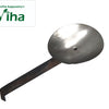 Iron Spoon - Big, a dark grey metallic utensil with a round, shallow, bowl featuring one central hole and an angled, flat, rectangular handle