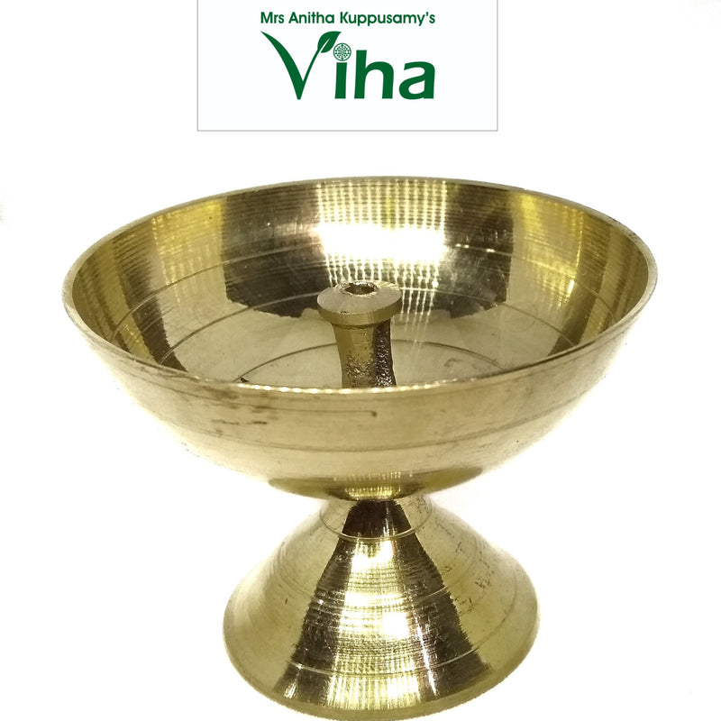Brass athma vilakku, plain deep round oil bowl with a central wick pin on a conical pedestal
