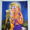 Shri Radha Krishna Photo - Big, Radha and Krishna standing together, Krishna in a yellow dhoti holding his flute, Radha in violet, a white cow at their feet