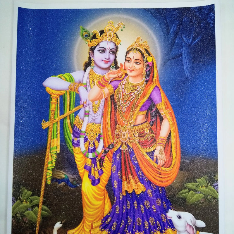 Shri Radha Krishna Photo - Big, Radha and Krishna standing together, Krishna in a yellow dhoti holding his flute, Radha in violet, a white cow at their feet