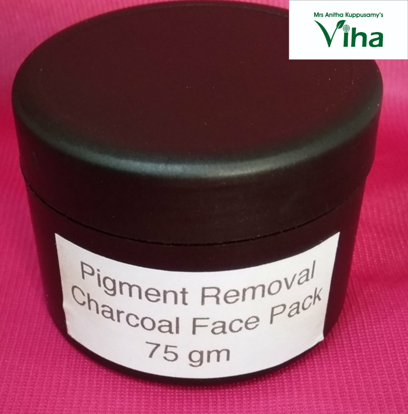 Pigment Removal Charcoal Face Pack, a matte black round jar with a label featuring black text against a white background