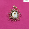 Gomathi Chakra Designer Brass Pendant, a gold-toned pendant featuring a central eye-like white shell with brown markings, bordered by seven loops