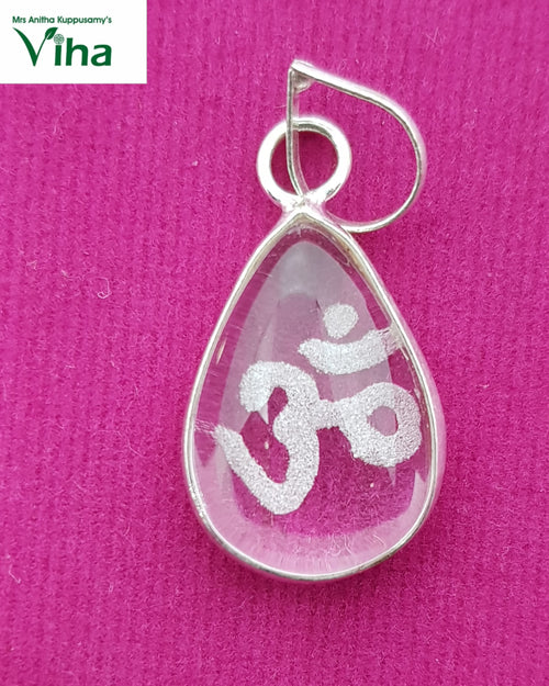 Natural Sphatik 'Om' Pendant In Tikka Shape, teardrop with a metal bail