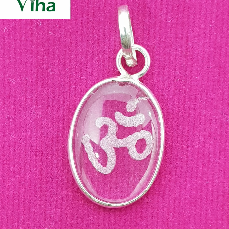 Natural Sphatik Om Pendent In Oval Shape with raised symbol inside