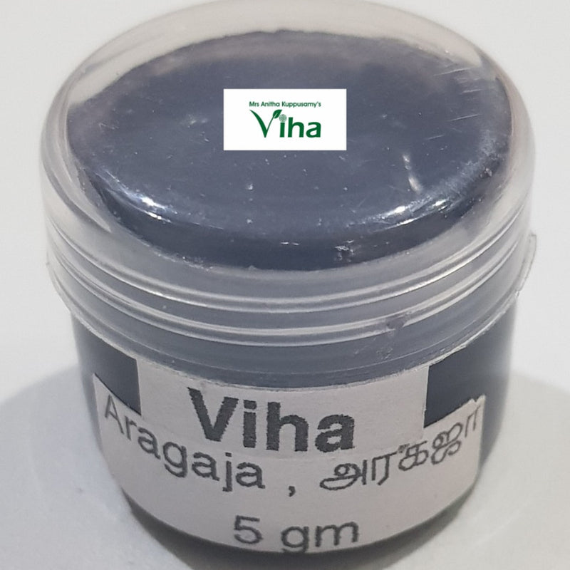 Aragaja, a small jar of dark grey paste with a clear lid and a white label