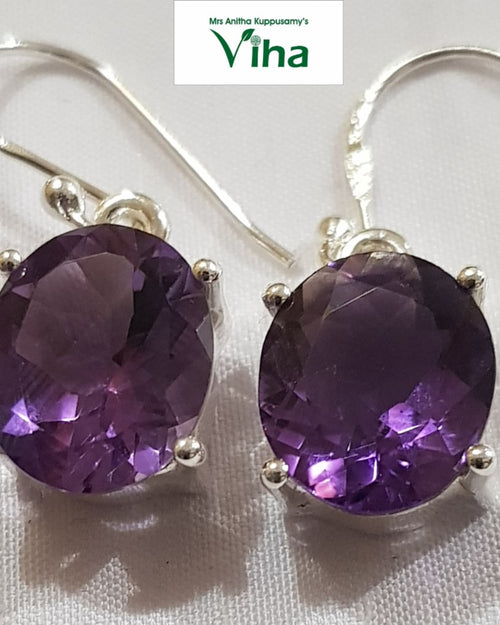 Amethyst Silver Hook Earrings with curved hooks and faceted stones