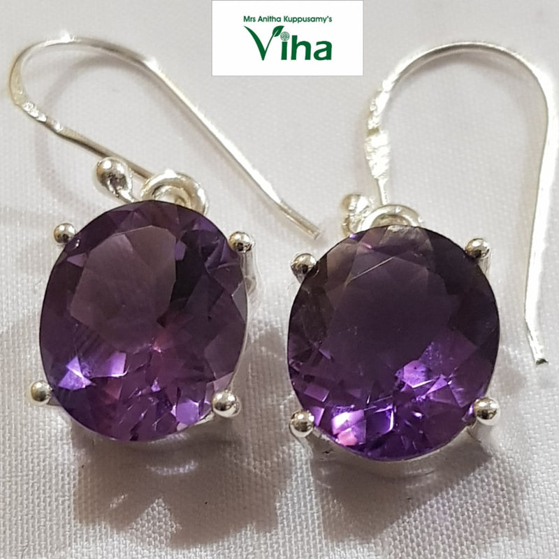 Amethyst Silver Hook Earrings with curved hooks and faceted stones