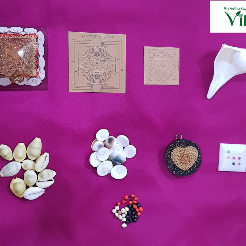 Main Entrance Vastu Set With Original Navarathna Stones, seven items including shells, square cards, a pyramid, and beads on a magenta cloth
