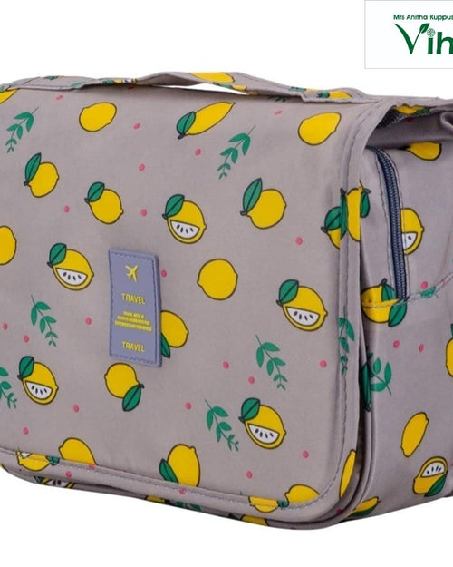 Toiletry Bag For Men & Women, grey bag with a lemon and leaf pattern