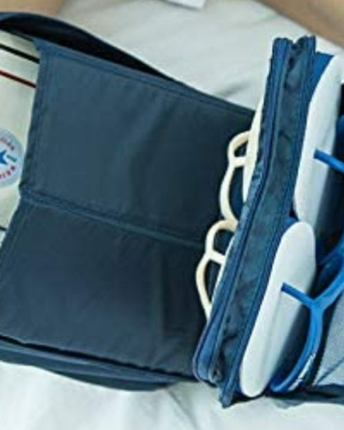 Travel Shoe Organizer Bag / Pouch, blue bag with zippered compartments and a mesh pocket
