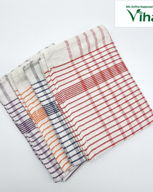 Kitchen Towel Premium Export Quality, four folded checkered kitchen towels in red, orange, blue, and purple hues
