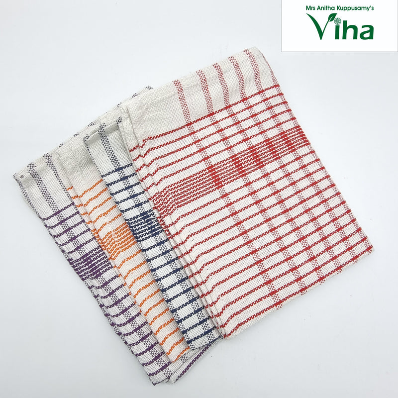 Kitchen Towel Premium Export Quality, four folded checkered kitchen towels in red, orange, blue, and purple hues