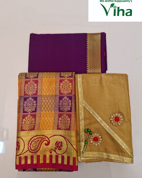 Apoorva Silk Half Saree Set, three folded fabrics in purple, gold-toned, and multi-colored check patterns with borders and floral motifs