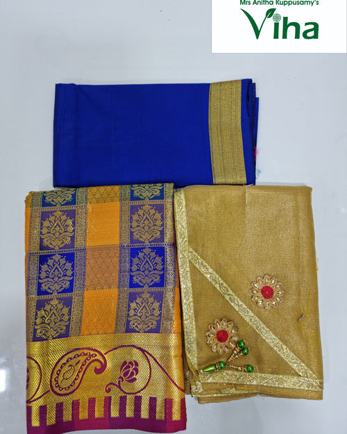 Apoorva Silk Half Saree Set, a blue and yellow fabric set featuring three folded pieces with gold-toned borders and floral patterns