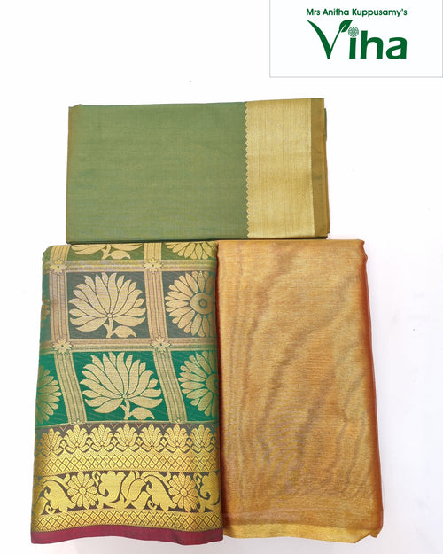 Apoorva Silk Half Saree Set, three folded fabrics including one green with gold-toned border, one patterned green, and one textured gold-toned