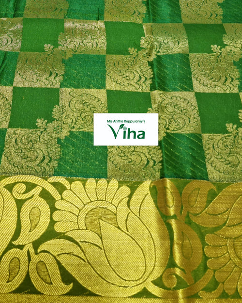 Silk Pavadai Set, checkered pattern with woven floral motifs
