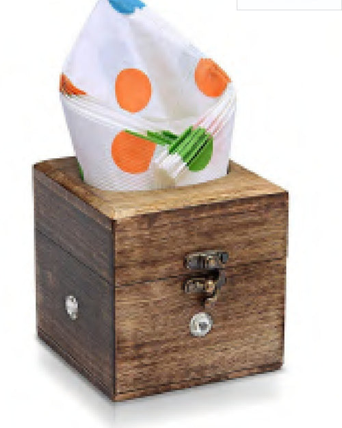 Wooden Tissue Holder Box with a metal clasp, shown with a polka-dot tissue peeking from the top