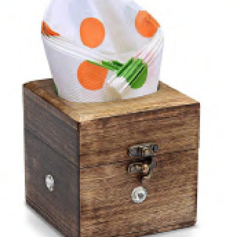Wooden Tissue Holder Box with a metal clasp, shown with a polka-dot tissue peeking from the top