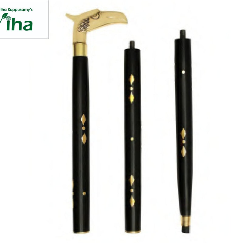 Walking Stick Foldable, black cane with a gold-toned horse-head handle, shown in three pieces