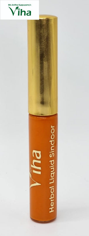 Kesar Gopi Chandan Liquid Sindoor, one gold-toned capped orange liquid container featuring white text vertically printed on the body