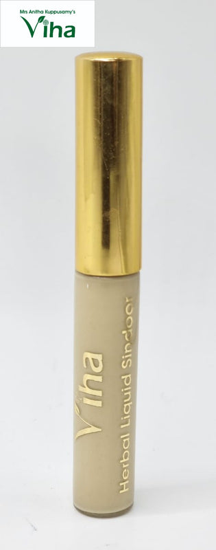 Natural Gopi Chandan Liquid Sindoor, a vertical round container with a gold-toned shiny cap and a beige body featuring gold-toned text markings