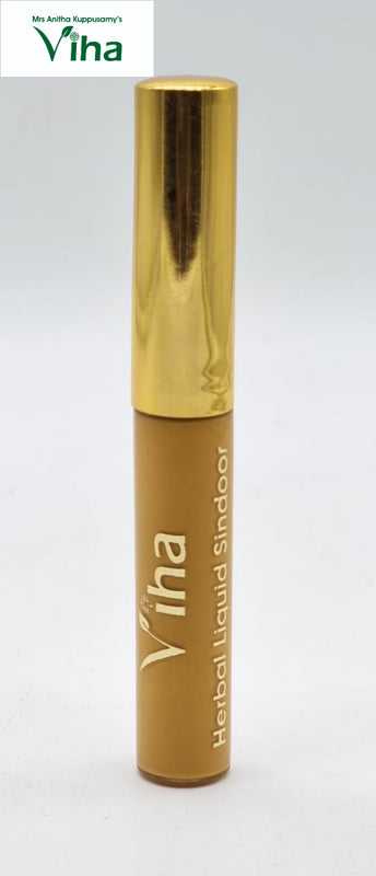 Yellow Gopi Chandan Liquid Sindoor, a tall round container in gold-toned and brown with glossy finishes features white text on its body