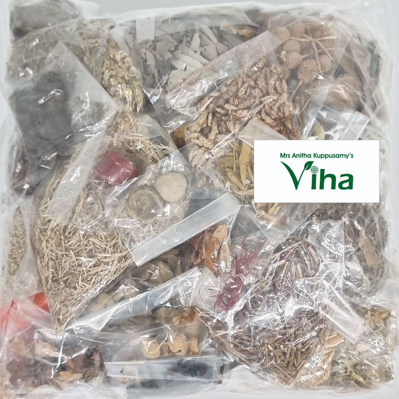 108 Pooja Homam Kit, many small, transparent plastic bags containing various brown, beige, and grey dried plant matter