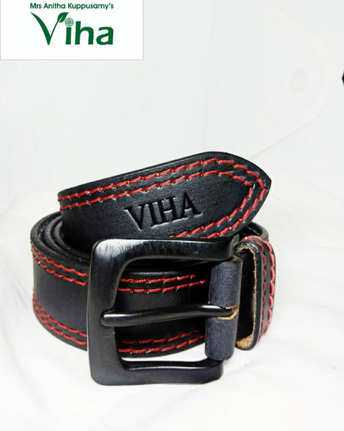 Viha Men's Leather Belt, a coiled black leather belt featuring red contrast stitching and a black metal buckle