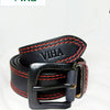 Viha Men's Leather Belt, a coiled black leather belt featuring red contrast stitching and a black metal buckle