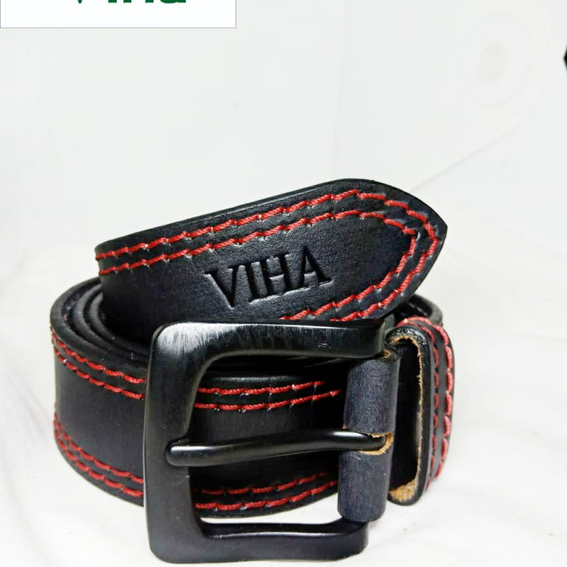 Viha Men's Leather Belt, a coiled black leather belt featuring red contrast stitching and a black metal buckle