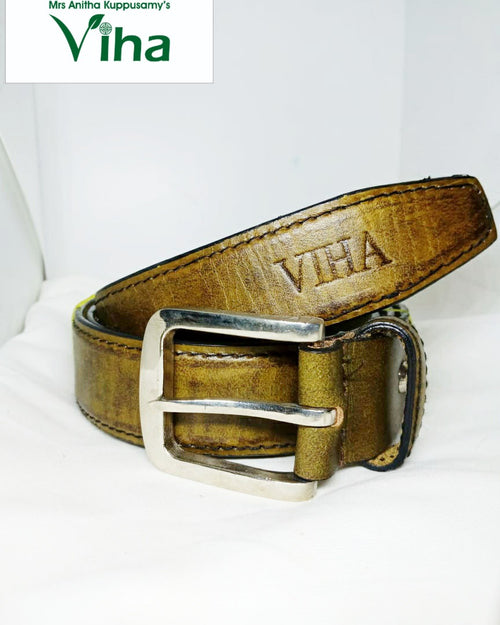 Viha Men's Leather Belt, an olive-green belt featuring one silver-toned metal buckle, embossed lettering, and dark edging