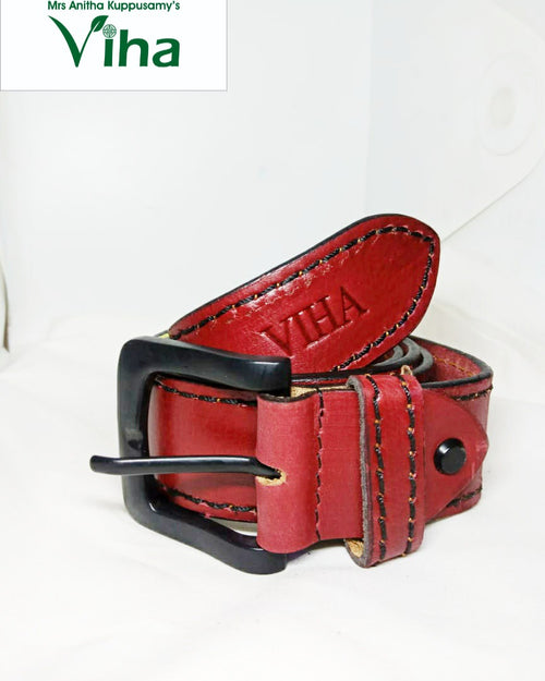 Viha Men's Leather Belt, a red textured belt featuring black stitching, a black buckle, and one black stud detail