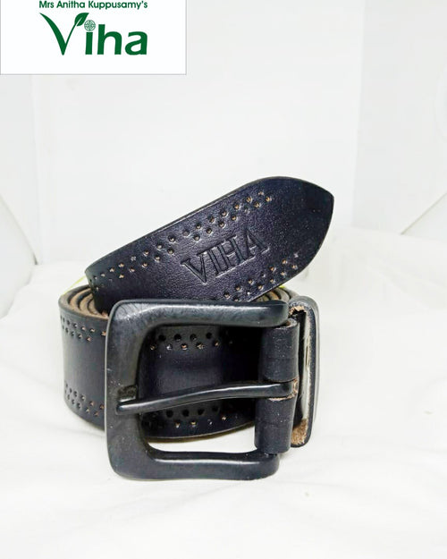 Viha Men's Leather Belt, a coiled black belt features dual rows of punched perforations, a square buckle, and debossed text on the tapered tip