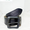 Viha Men's Leather Belt, a coiled black belt features dual rows of punched perforations, a square buckle, and debossed text on the tapered tip