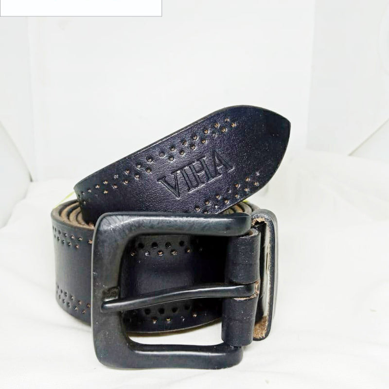 Viha Men's Leather Belt, a coiled black belt features dual rows of punched perforations, a square buckle, and debossed text on the tapered tip