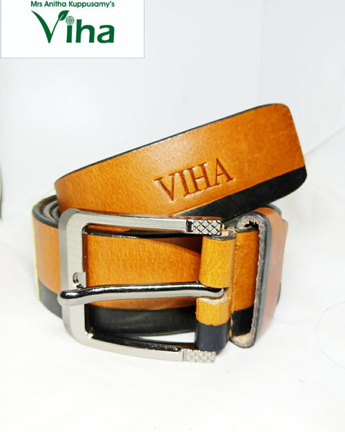 Viha Men's Leather Belt, a tan and black belt featuring a silver-toned metal buckle